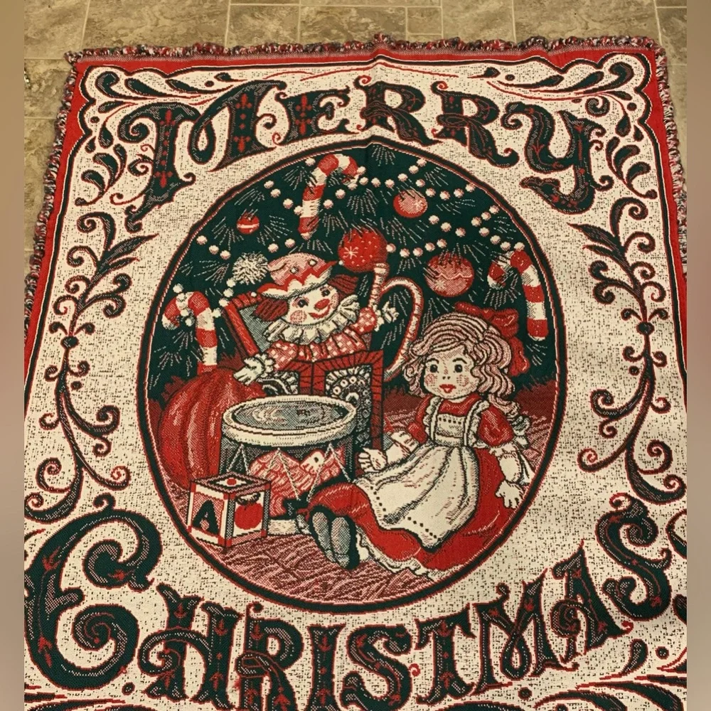 Raggedy Ann And‎ Andy christmas blanket Tapestry Fringe Vintage